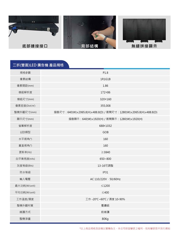 盛源 PERSONA LED廣告機 摺疊廣告機 LED海報機 LED顯示器 無縫拼接